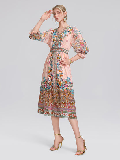 Silk Paisley Print V-Neck Dress