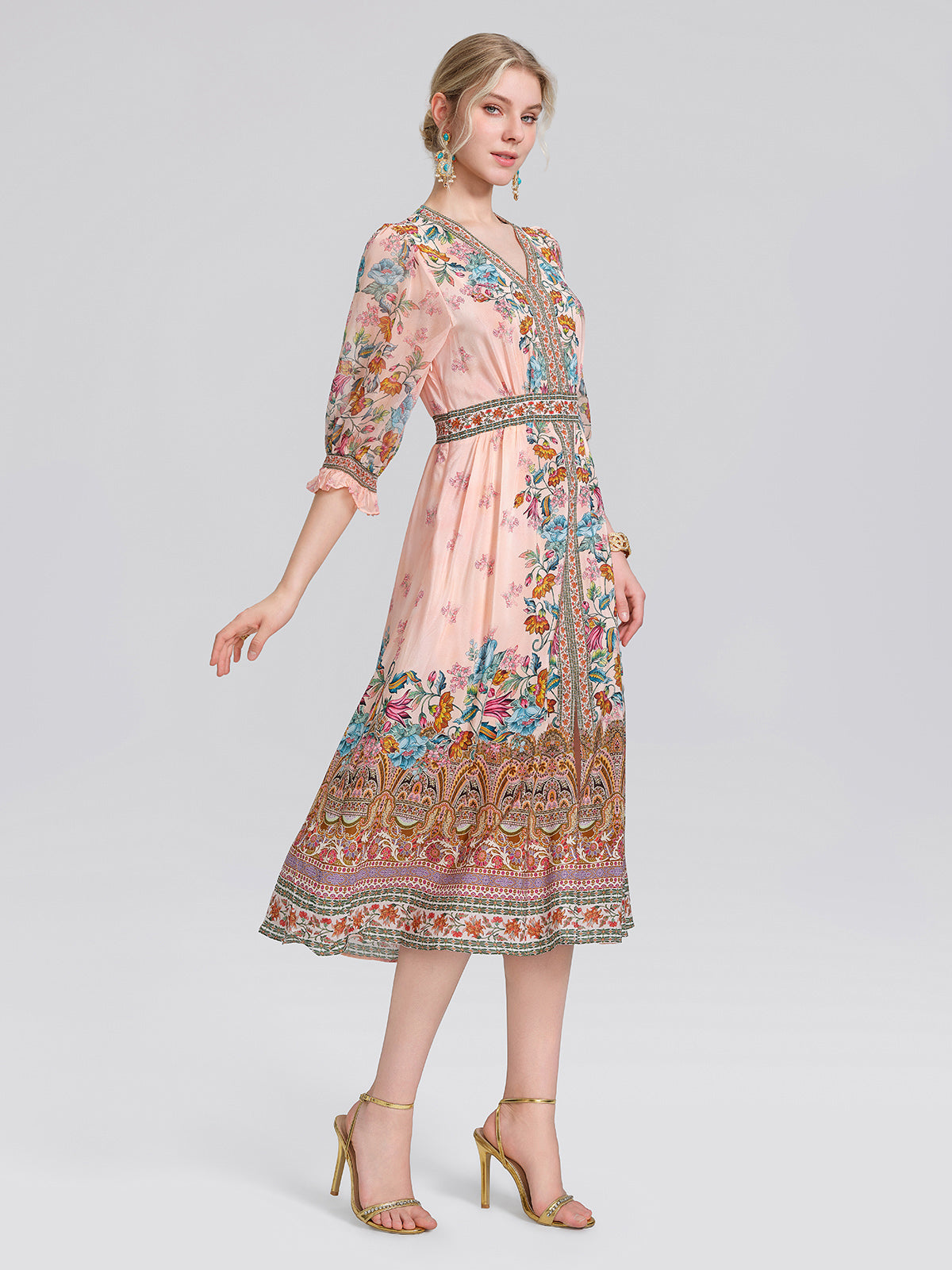 Silk Paisley Print V-Neck Dress