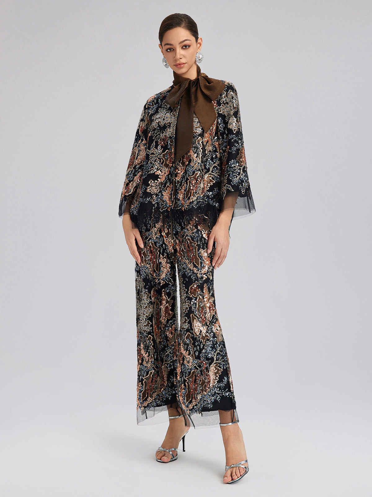 Sequin Vine Embroidered Tie-Neck Jacket