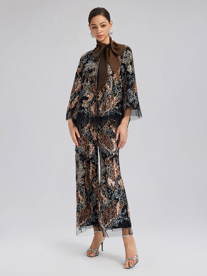 Sequin Vine Embroidered Tie-Neck Jacket