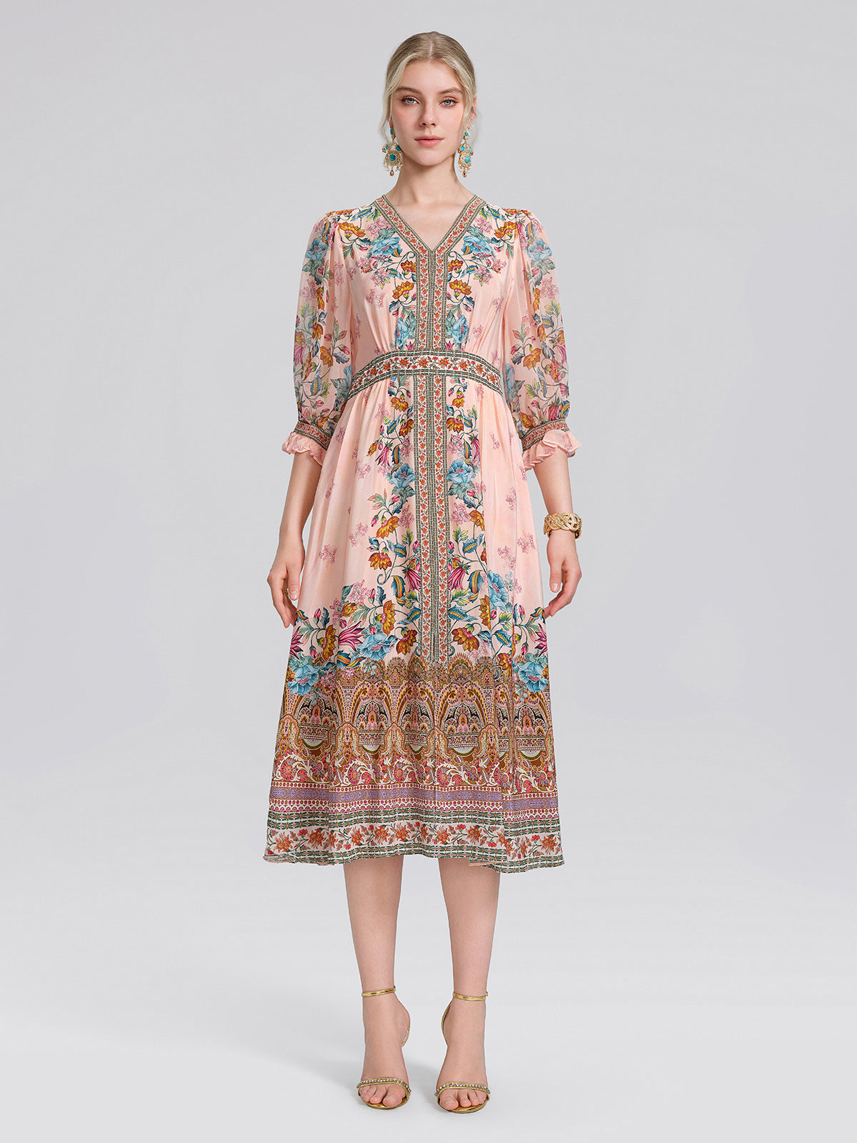 Silk Paisley Print V-Neck Dress