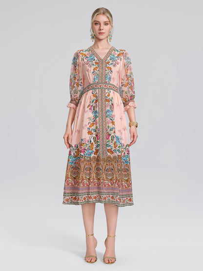Silk Paisley Print V-Neck Dress