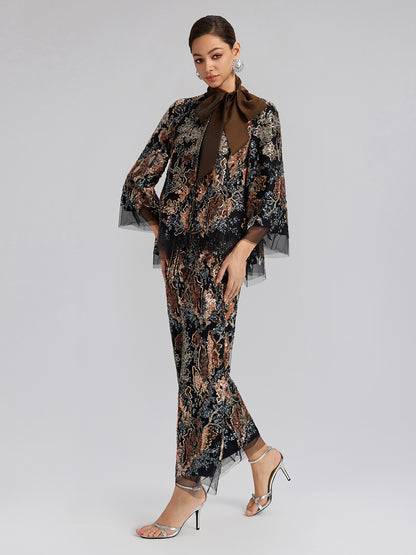 Sequin Vine Embroidered Tie-Neck Jacket