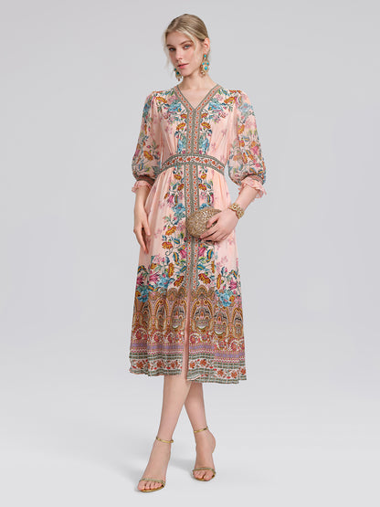 Silk Paisley Print V-Neck Dress