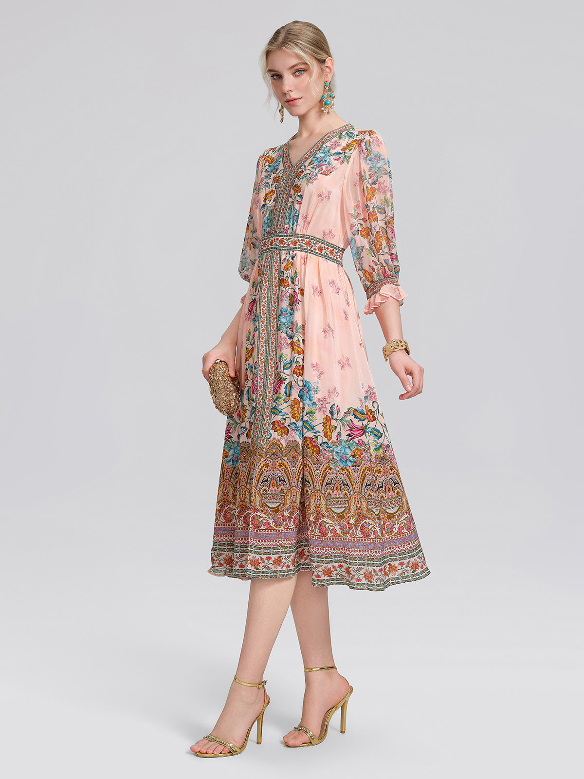 Silk Paisley Print V-Neck Dress