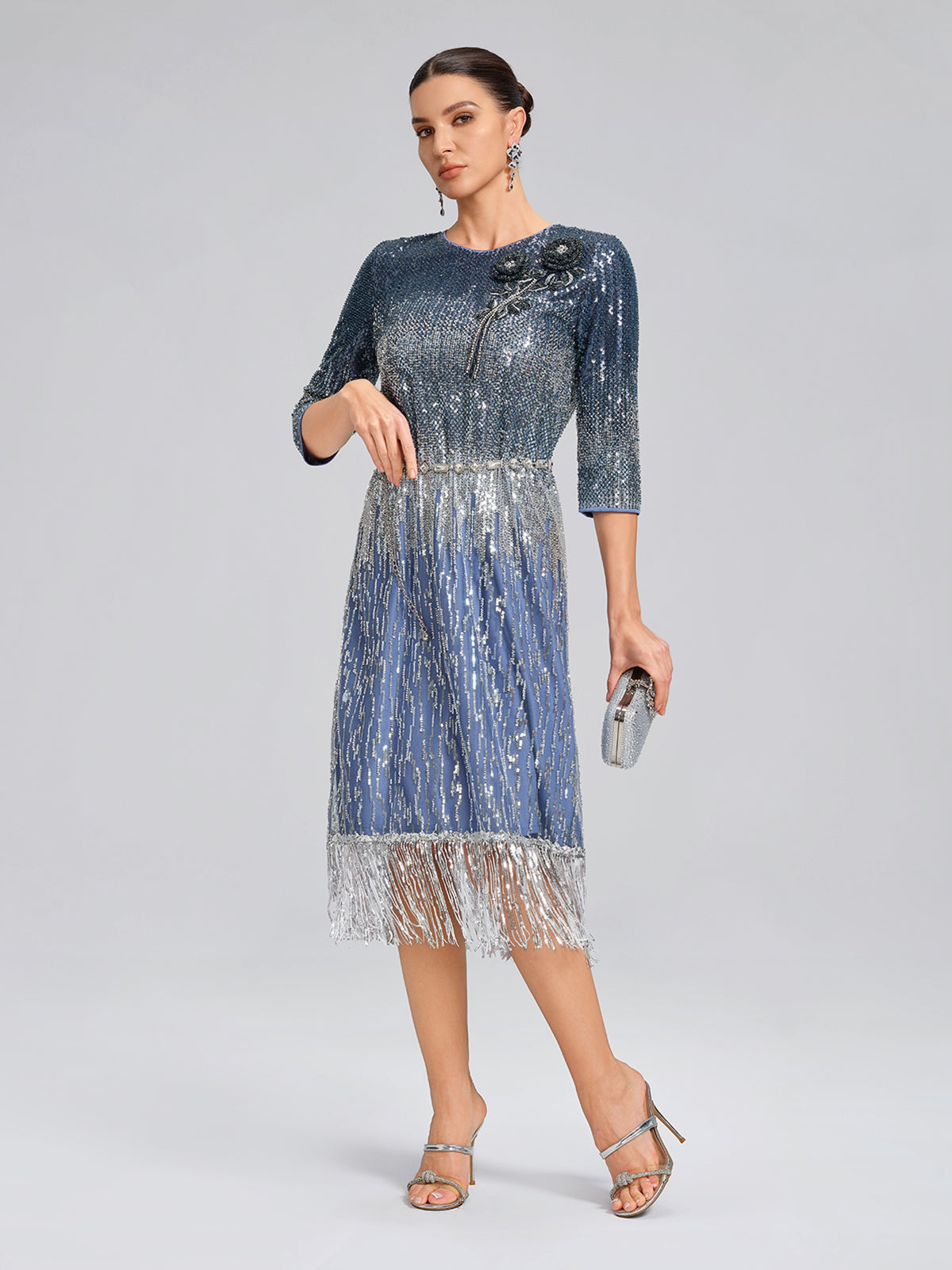 Fringe Gradient Sequin 3D Floral Dress