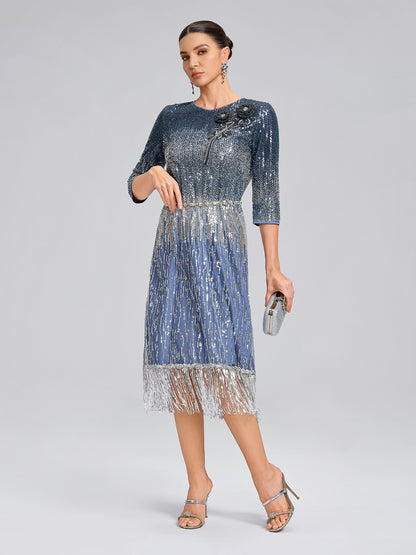 Fringe Gradient Sequin 3D Floral Dress