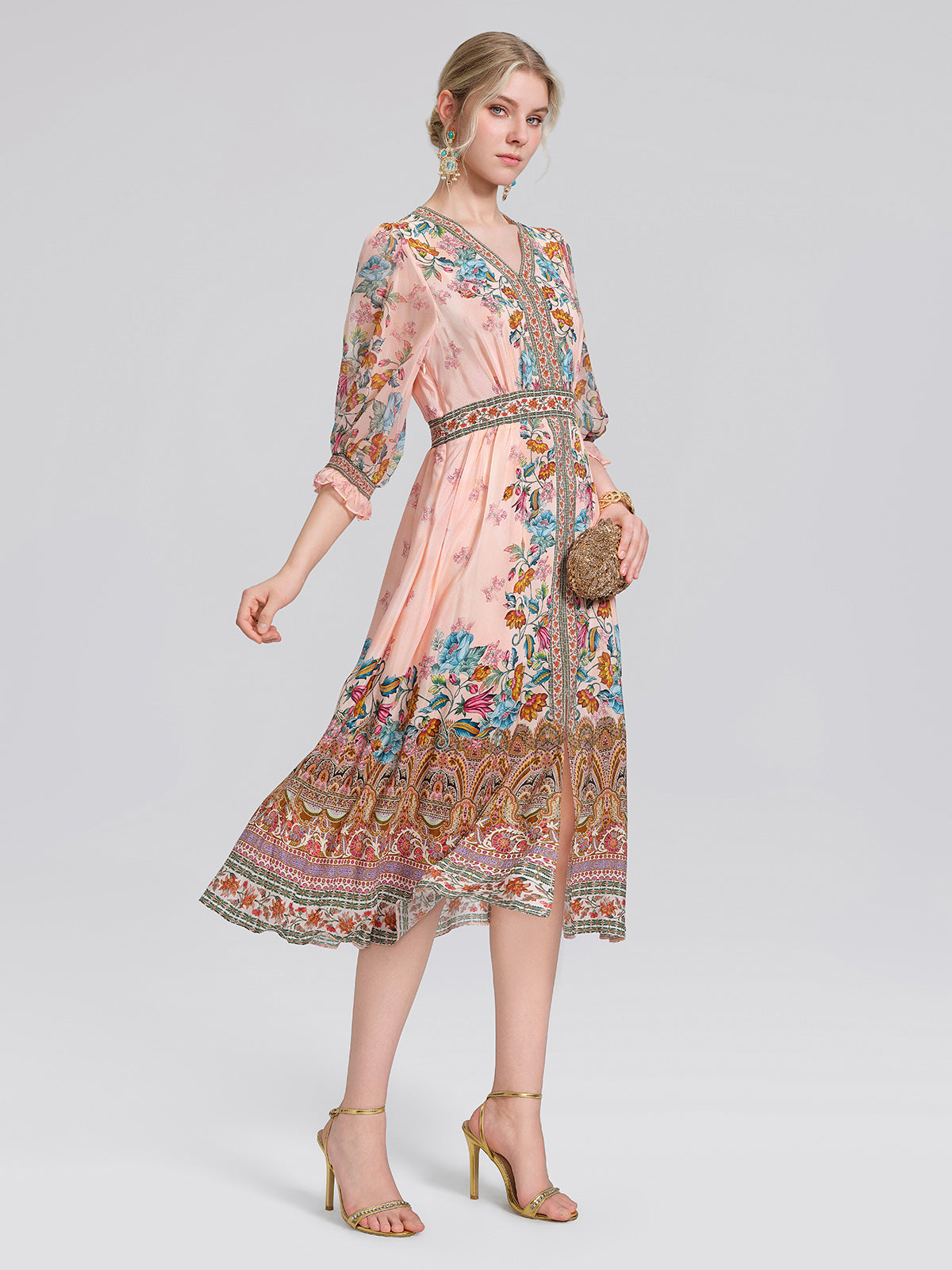 Silk Paisley Print V-Neck Dress