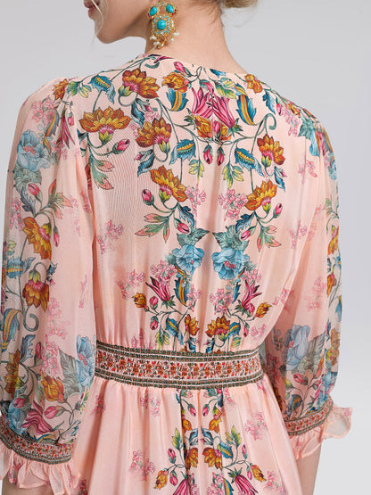 Silk Paisley Print V-Neck Dress