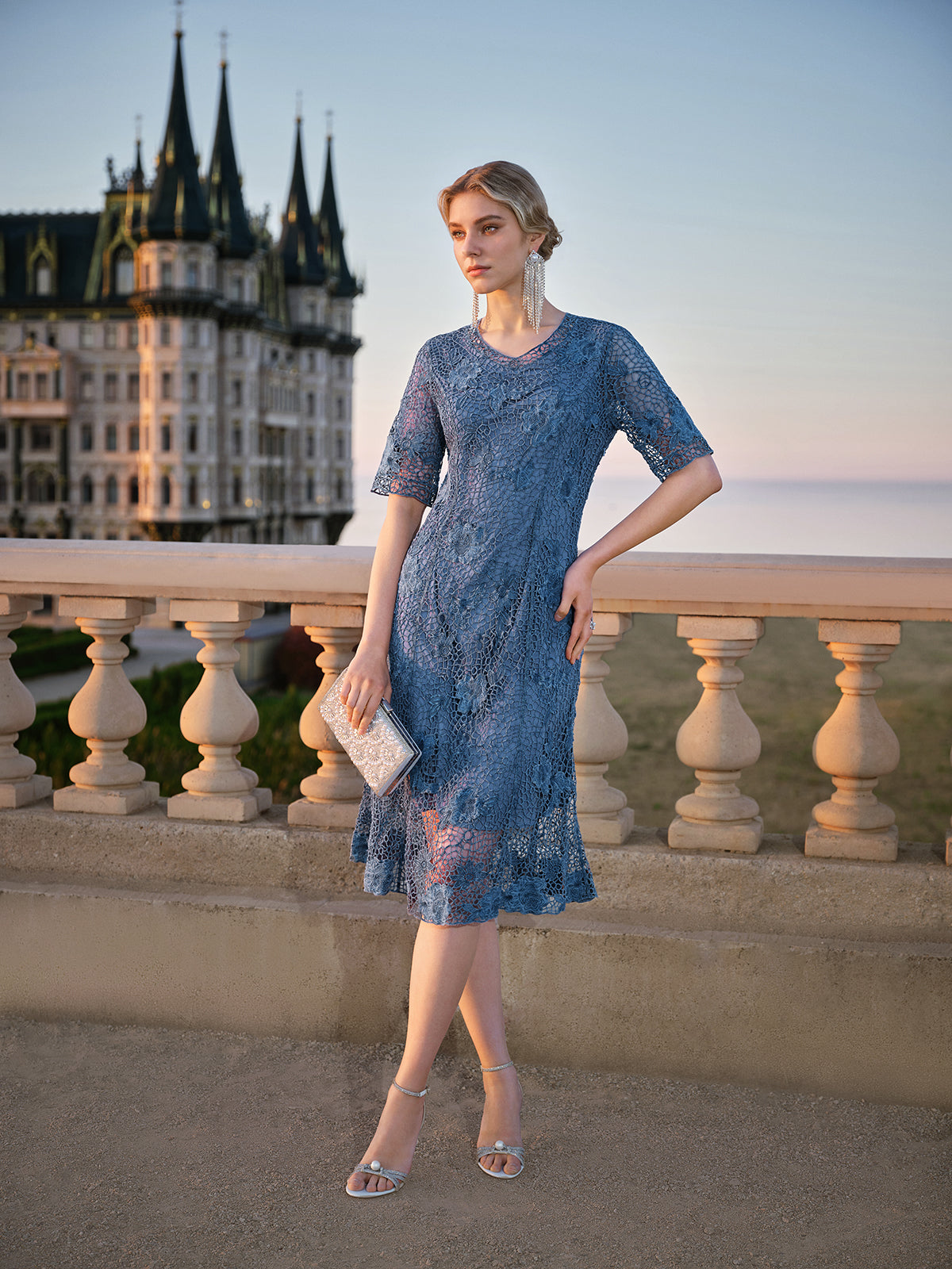 Cutout Lace 3D Floral Short-Sleeve Dress