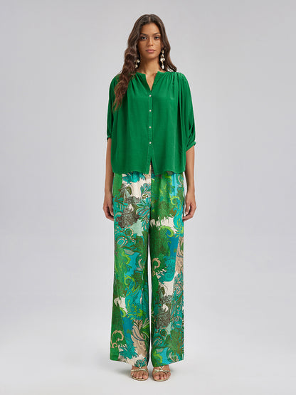 Elastic Waist Floral Printed Ramie Pants