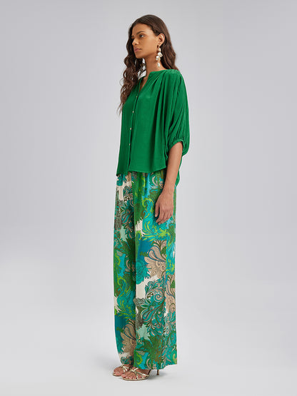 Elastic Waist Floral Printed Ramie Pants