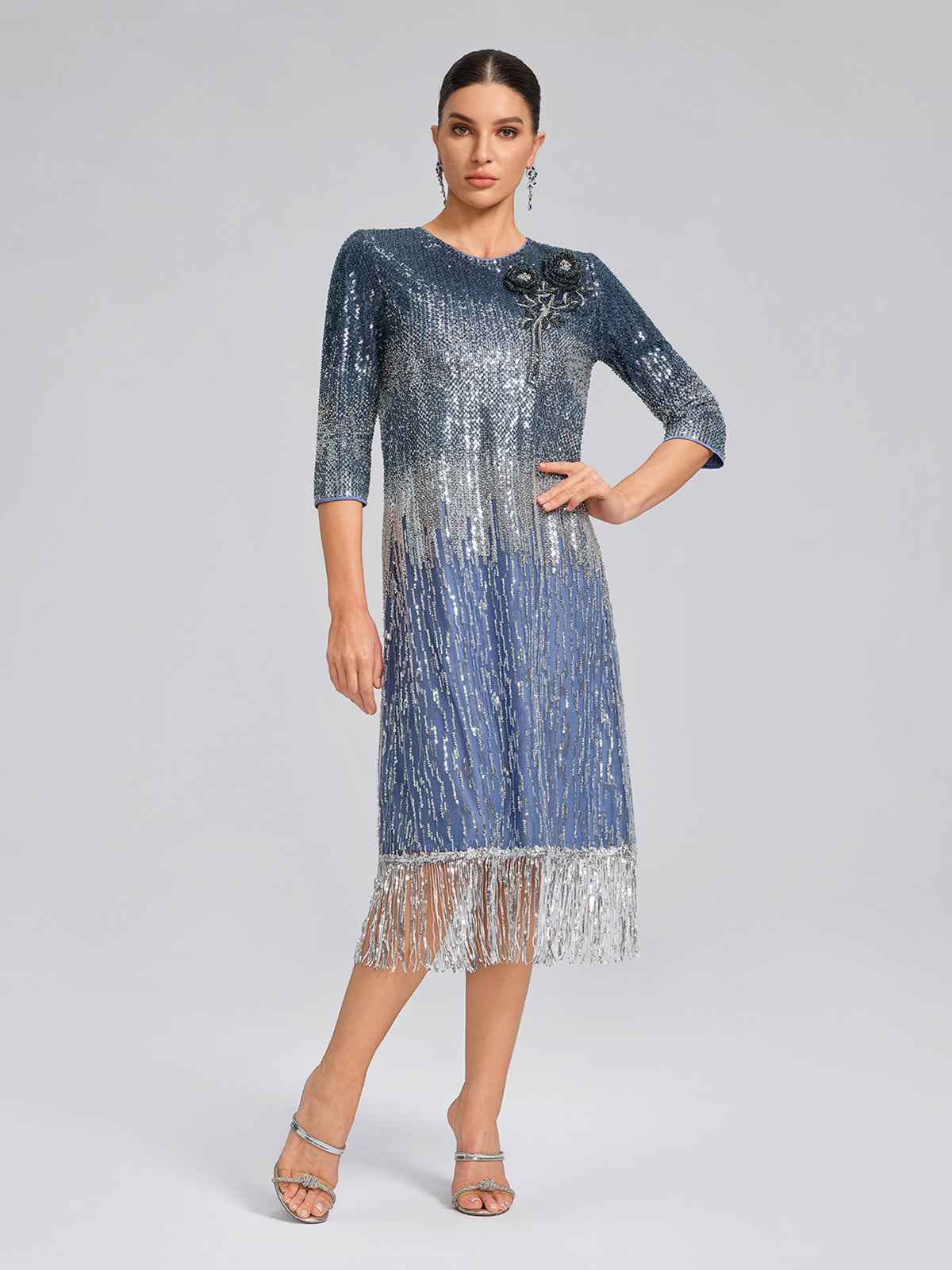Fringe Gradient Sequin 3D Floral Dress