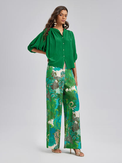 Elastic Waist Floral Printed Ramie Pants