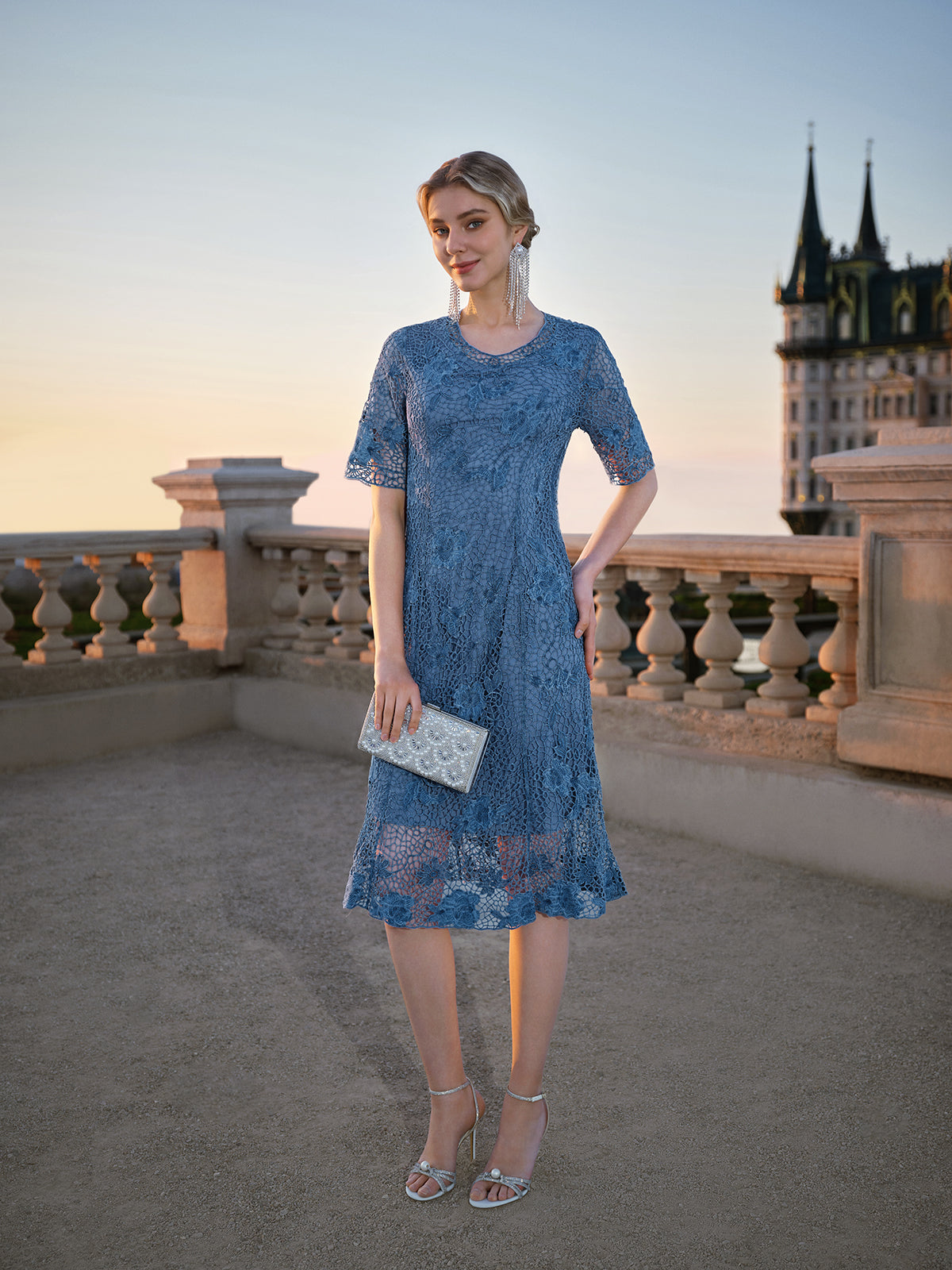 Cutout Lace 3D Floral Short-Sleeve Dress