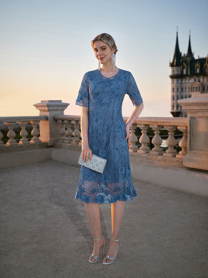 Cutout Lace 3D Floral Short-Sleeve Dress