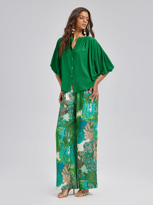 Elastic Waist Floral Printed Ramie Pants
