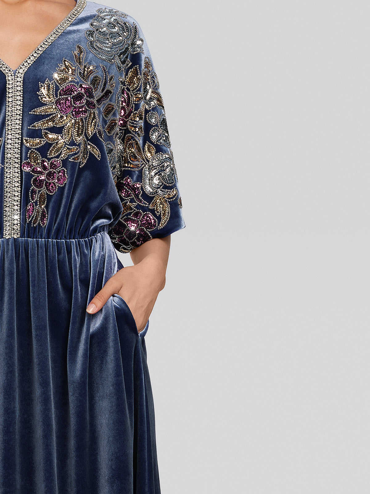 Velvet Floral Sequin Beaded Dress
