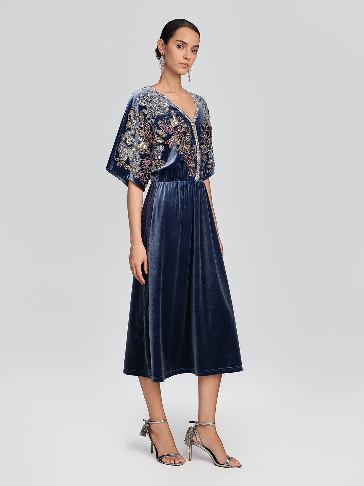Velvet Floral Sequin Beaded Dress