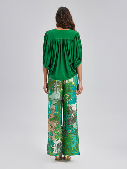 Elastic Waist Floral Printed Ramie Pants
