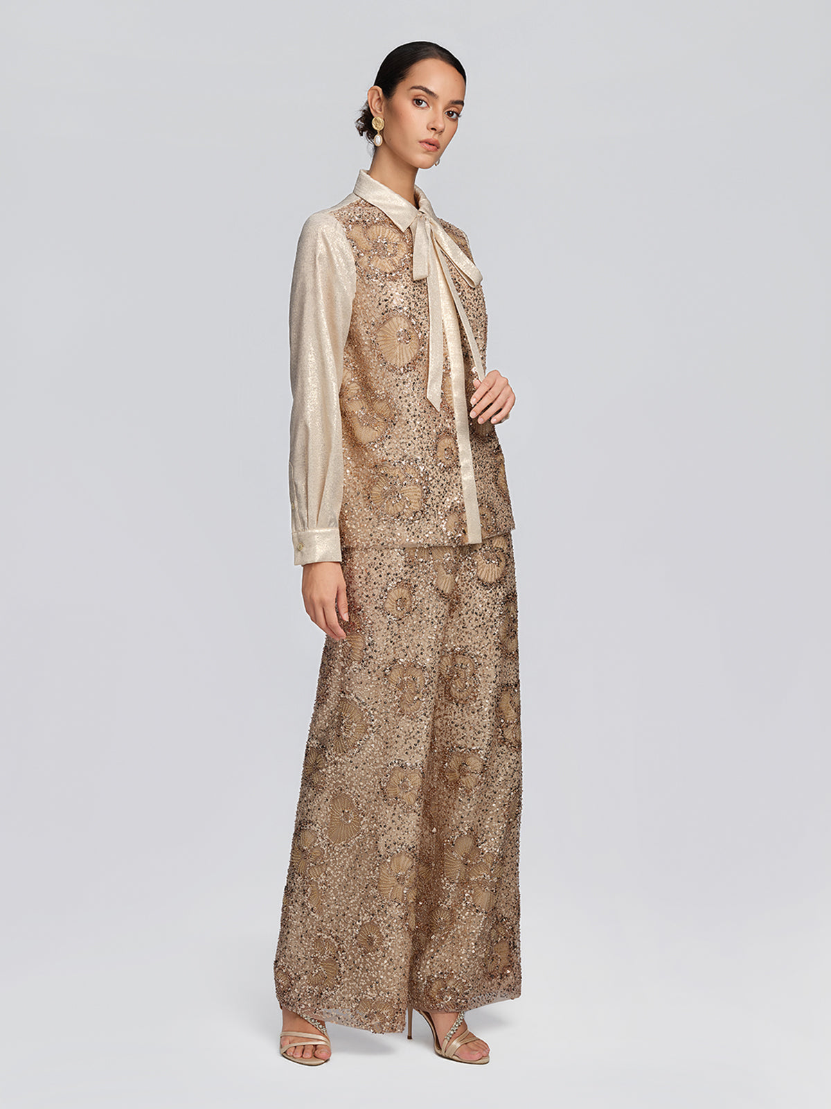 Mesh Vintage Floral Beaded Wide-Leg Pants