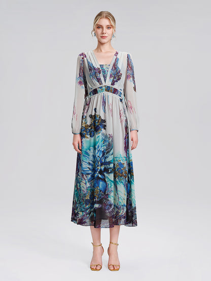 Ink Print Silk Chiffon Dress (Slip Dress Included)