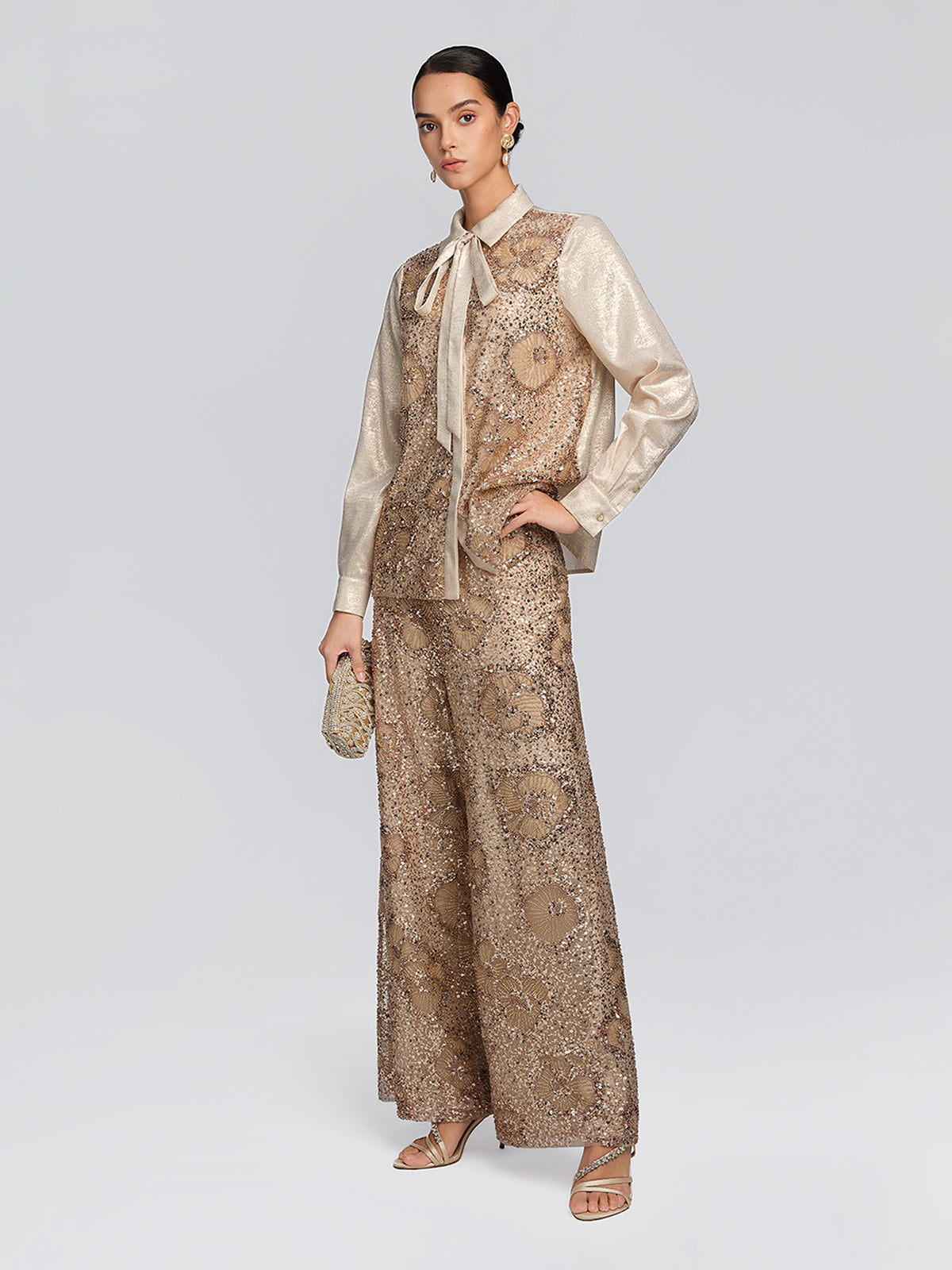 Metallic Sequin Beaded Bow Shirt