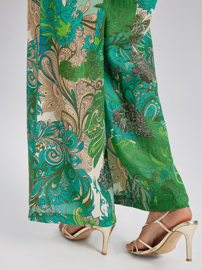 Elastic Waist Floral Printed Ramie Pants