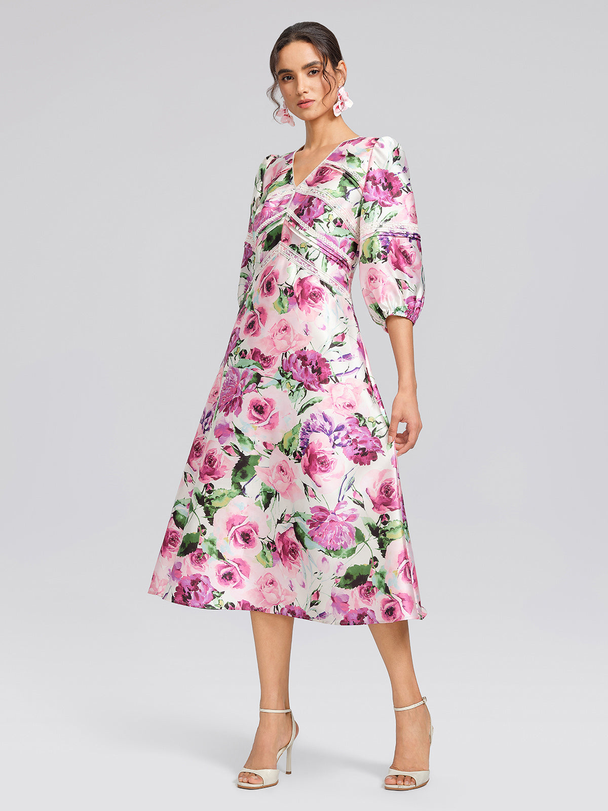Rose Print Satin Lace Dress
