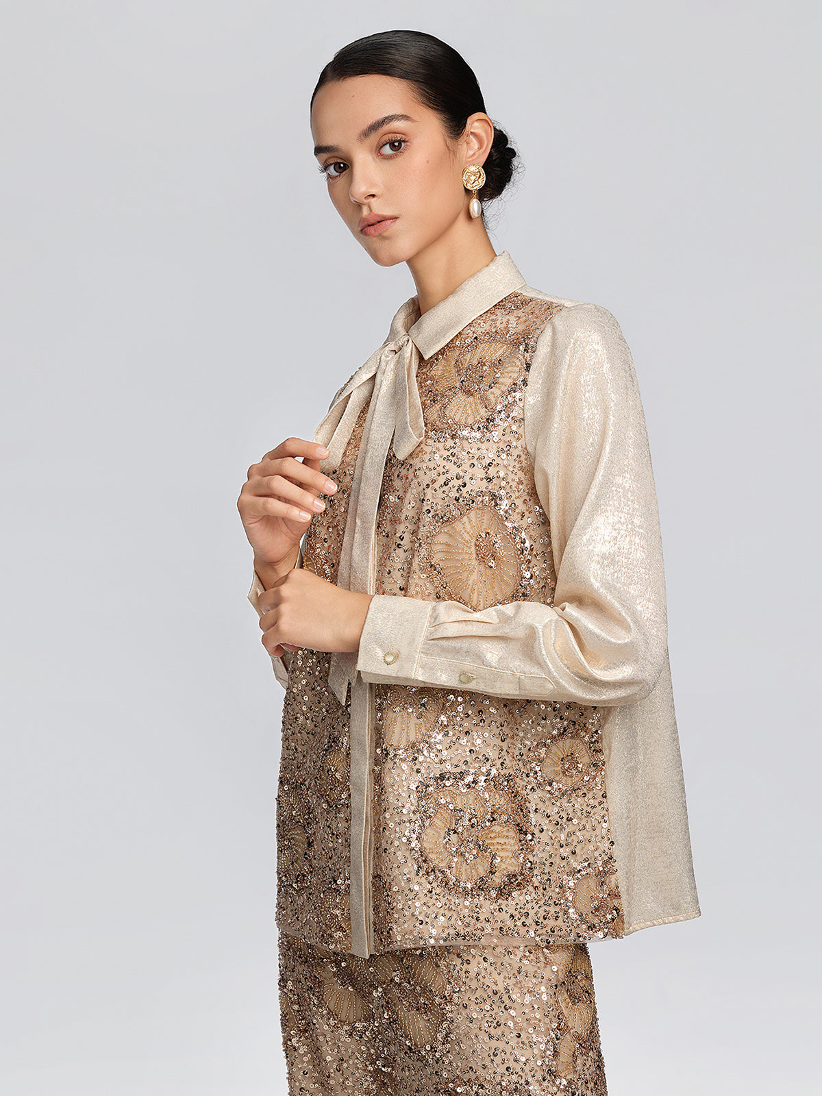 Metallic Sequin Beaded Bow Shirt