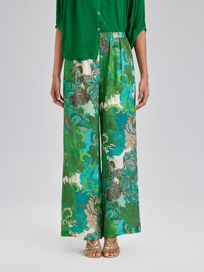 Elastic Waist Floral Printed Ramie Pants