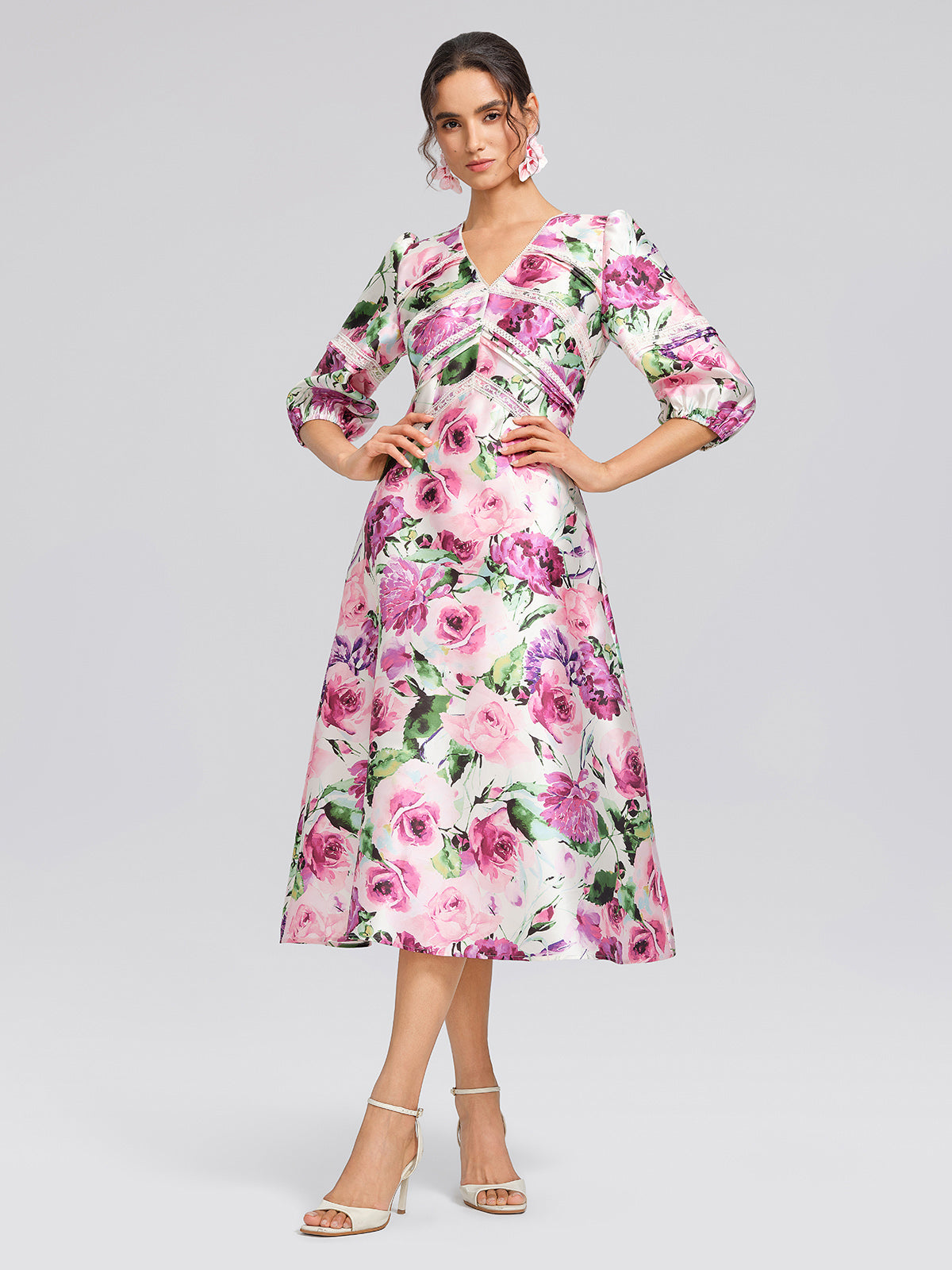 Rose Print Satin Lace Dress