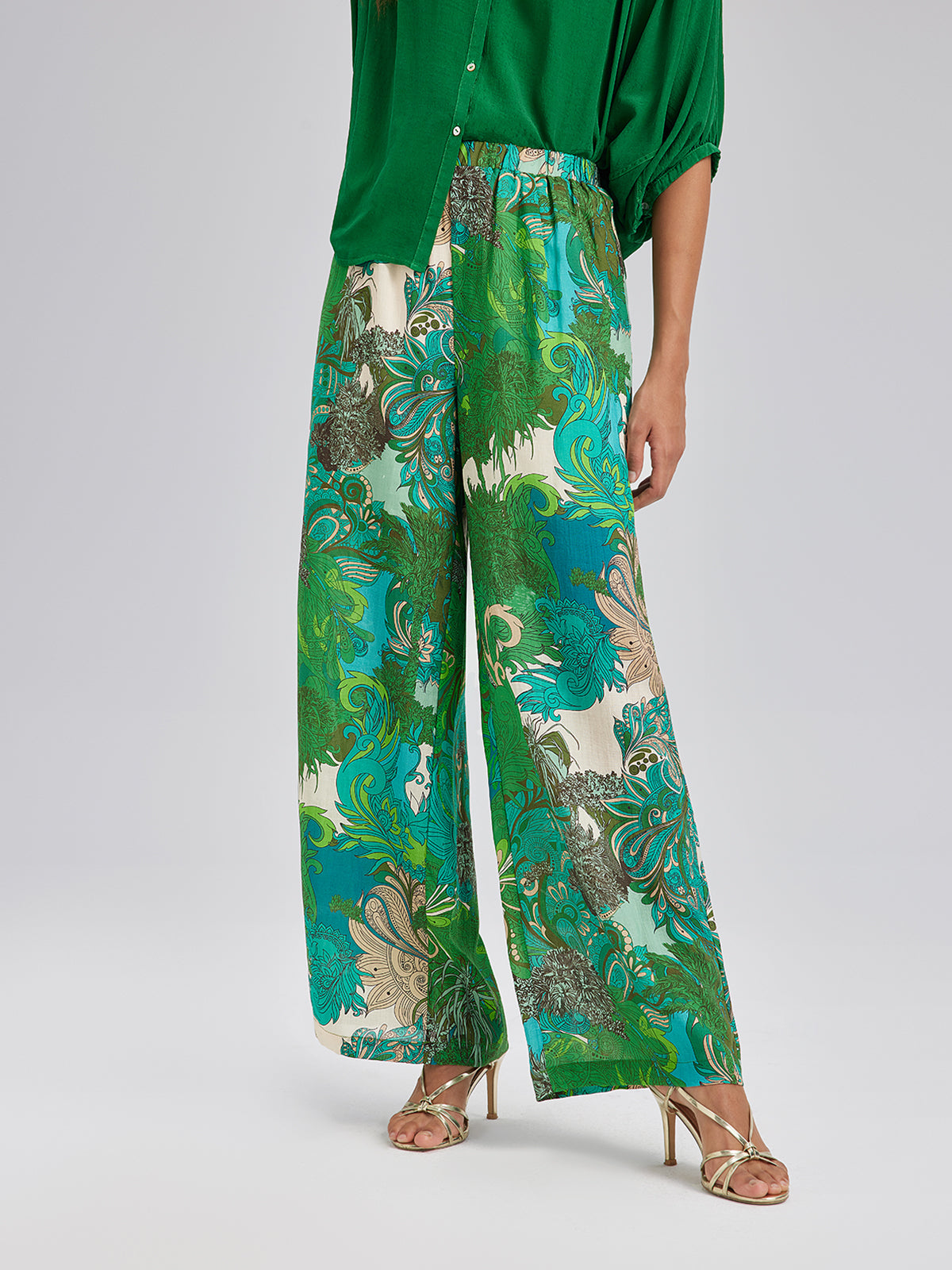 Elastic Waist Floral Printed Ramie Pants