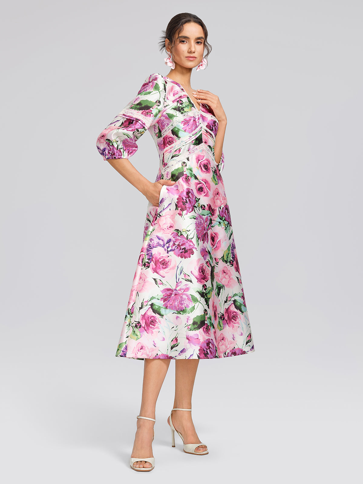Rose Print Satin Lace Dress