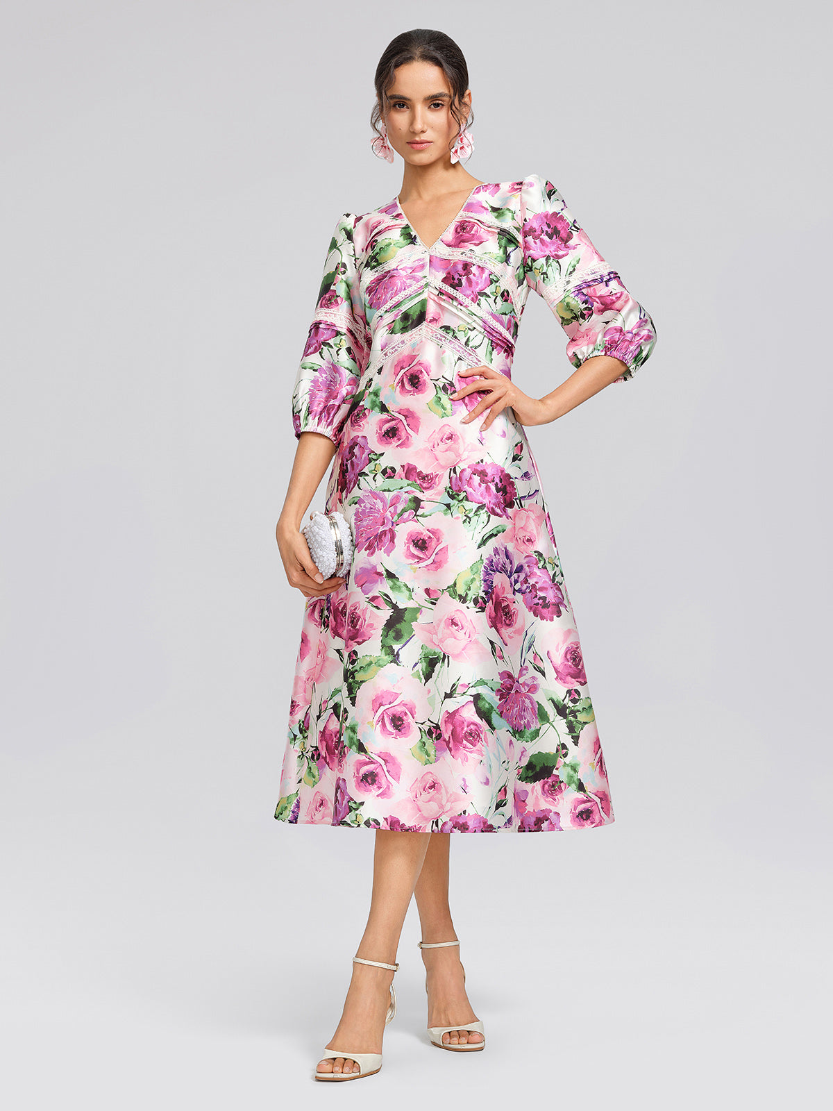 Rose Print Satin Lace Dress