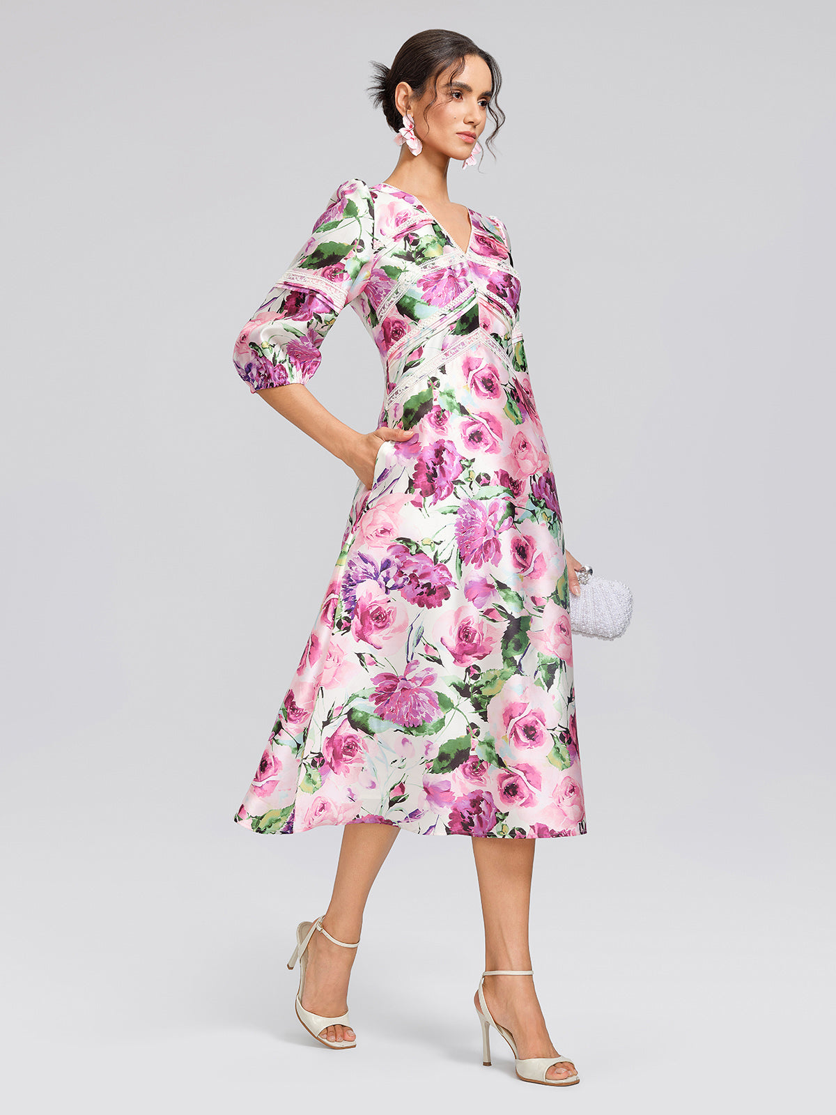 Rose Print Satin Lace Dress