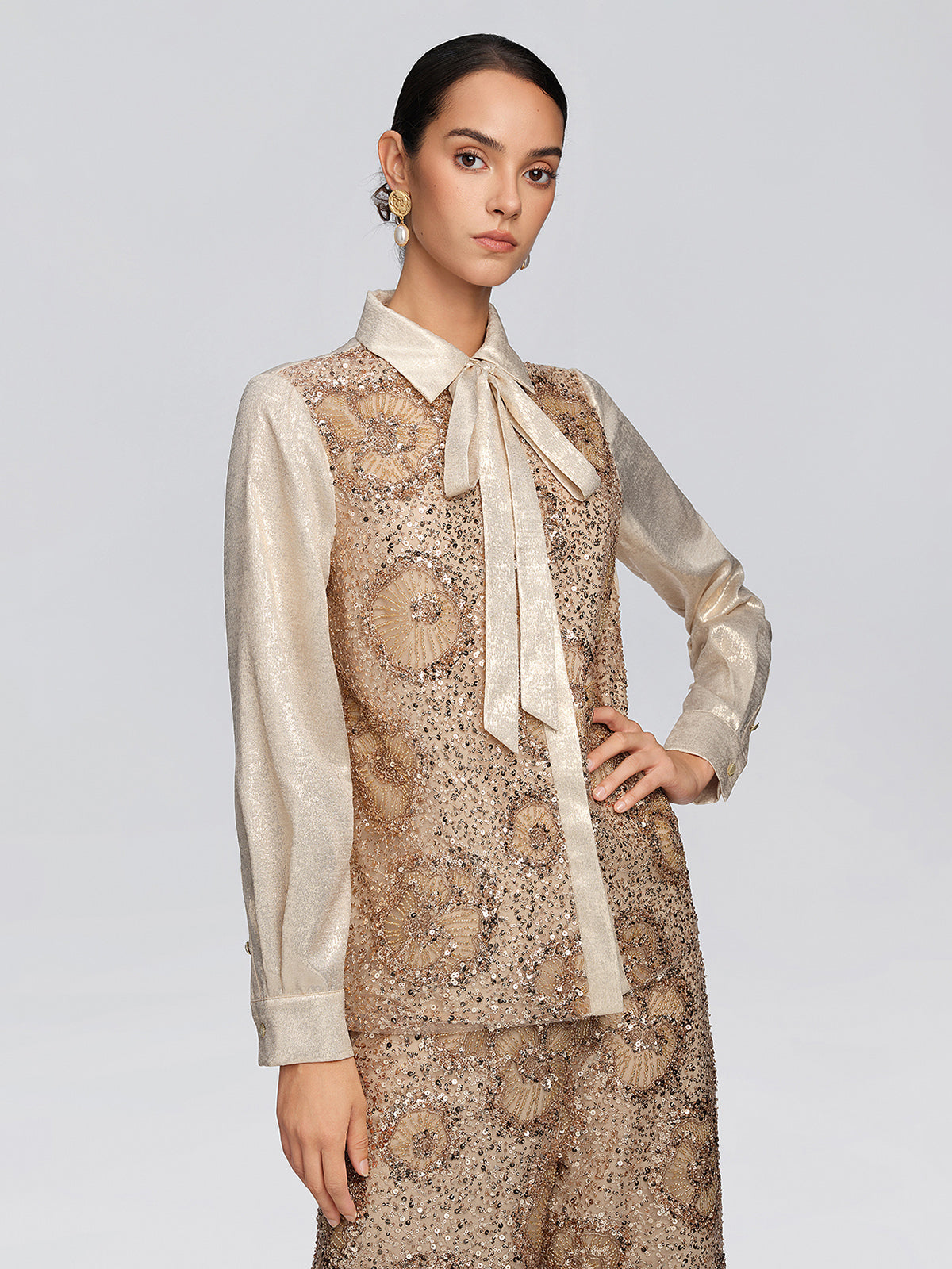 Metallic Sequin Beaded Bow Shirt