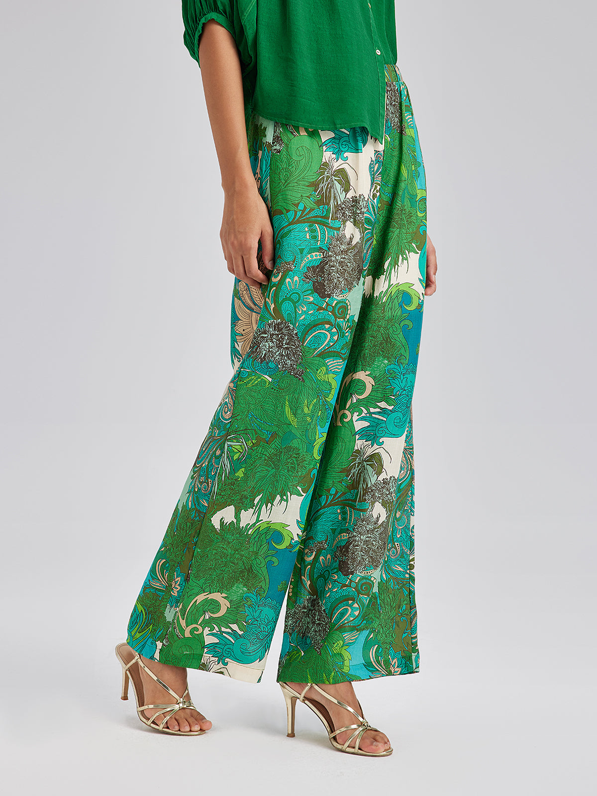 Elastic Waist Floral Printed Ramie Pants