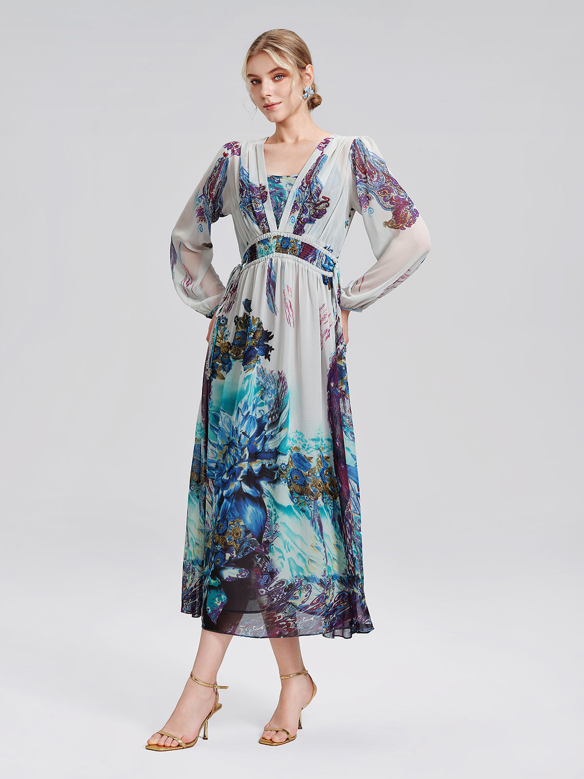 Ink Print Silk Chiffon Dress (Slip Dress Included)