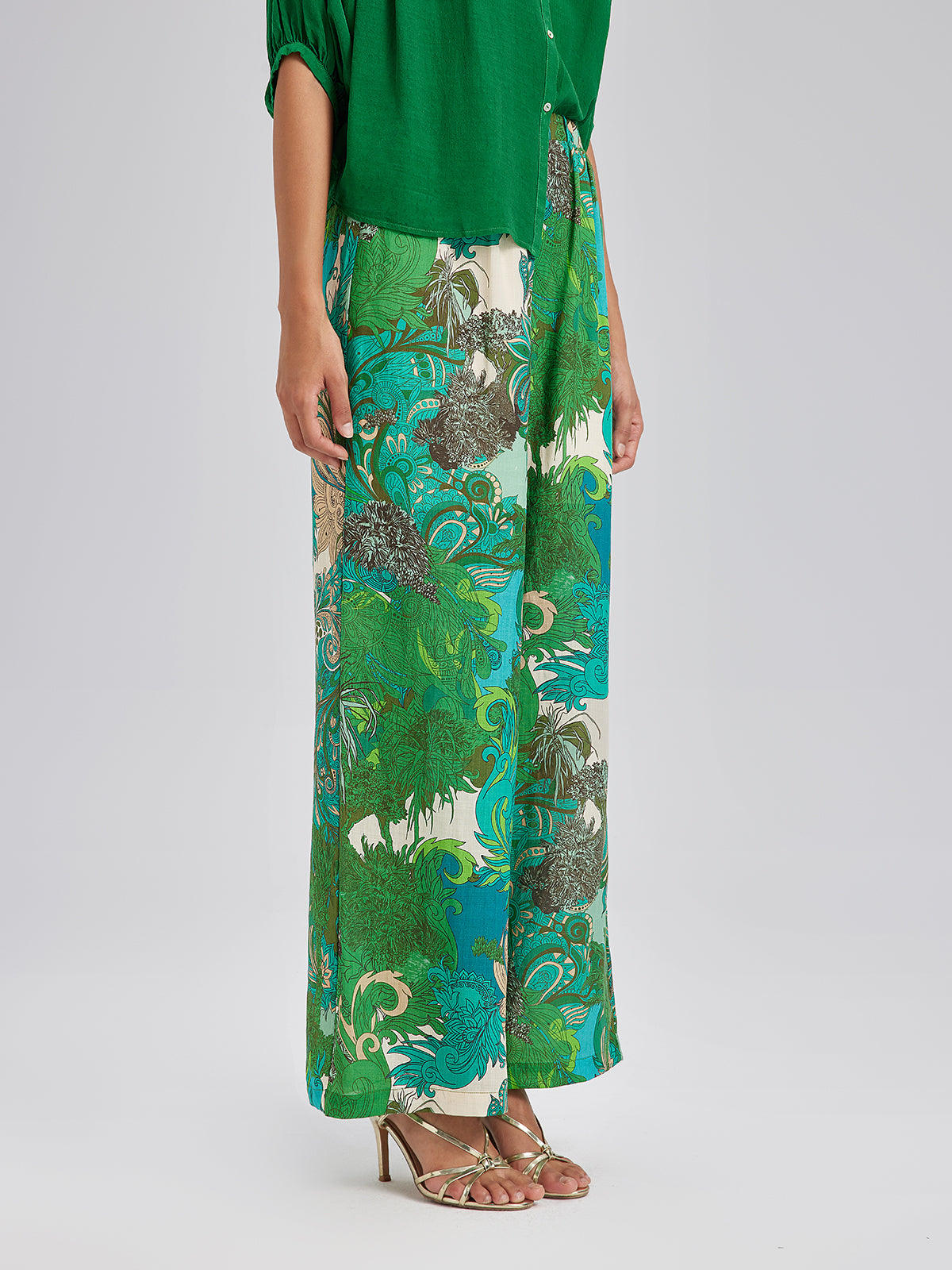Elastic Waist Floral Printed Ramie Pants
