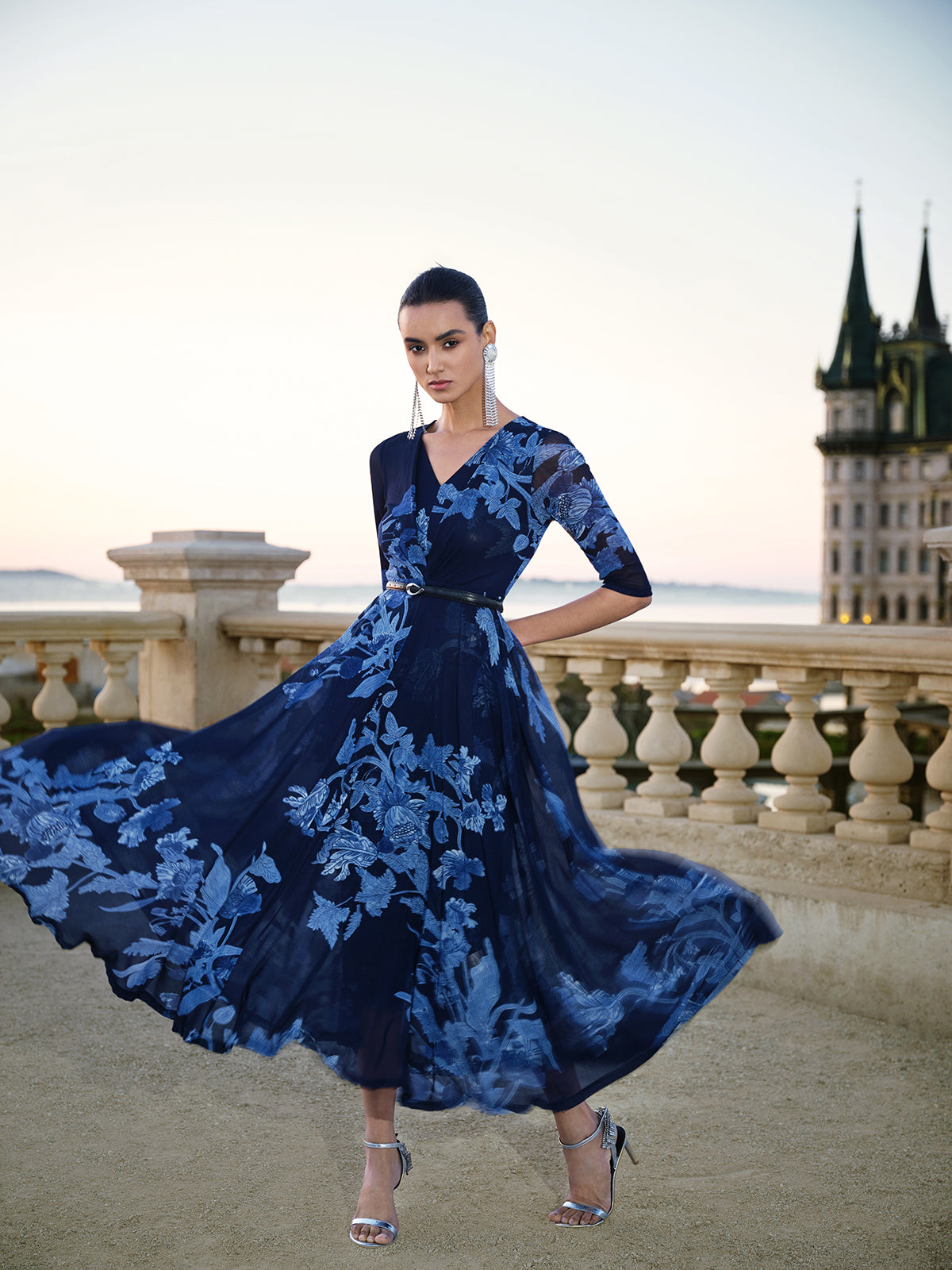 Floral Mesh V-Neck Maxi Dress (Belt Included)