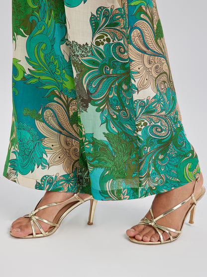 Elastic Waist Floral Printed Ramie Pants