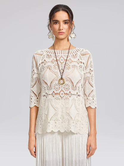 Crochet Lace Cutwork Wave Hem Flared Sleeve Top