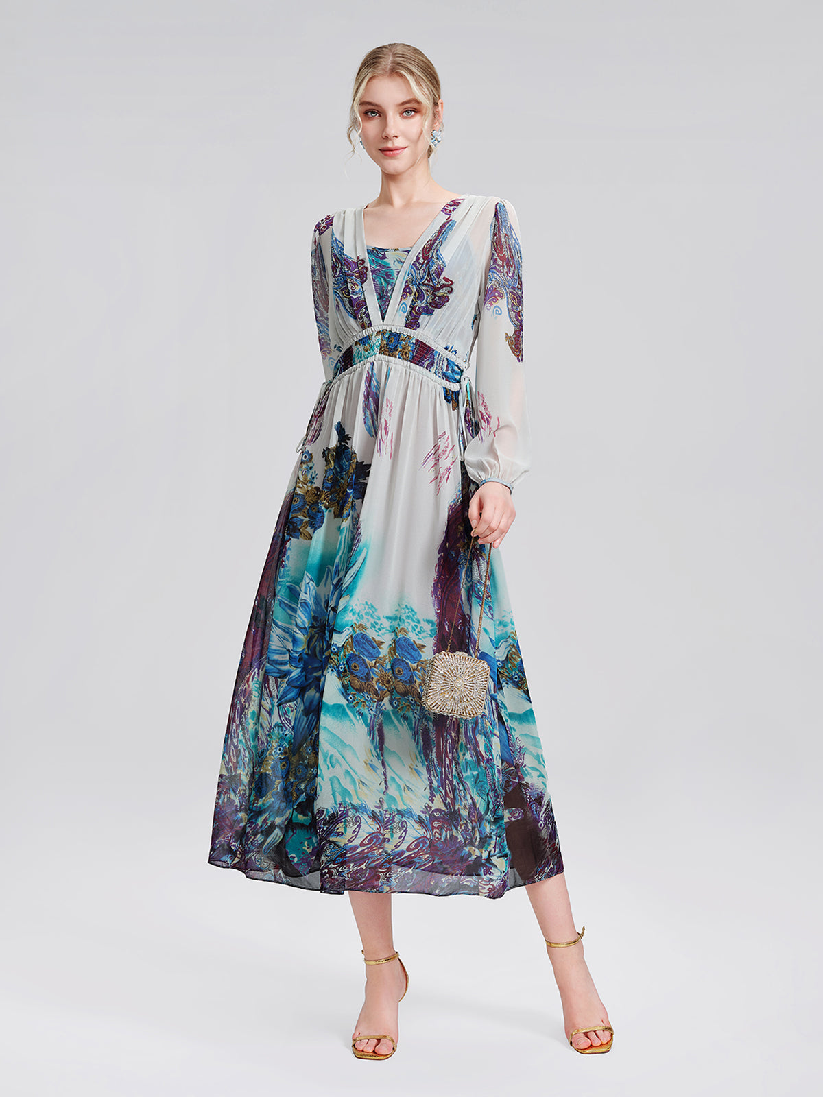 Ink Print Silk Chiffon Dress (Slip Dress Included)