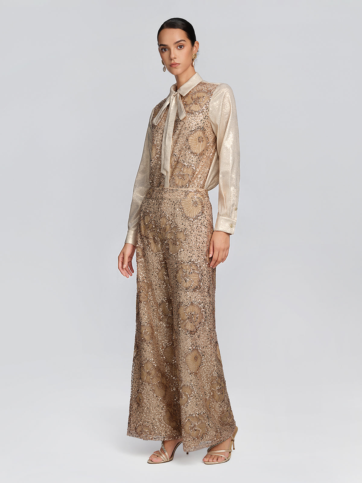 Metallic Sequin Beaded Bow Shirt