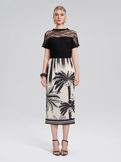 Pleated Relaxed Elastic Waist Wrinkled Midi Skirt