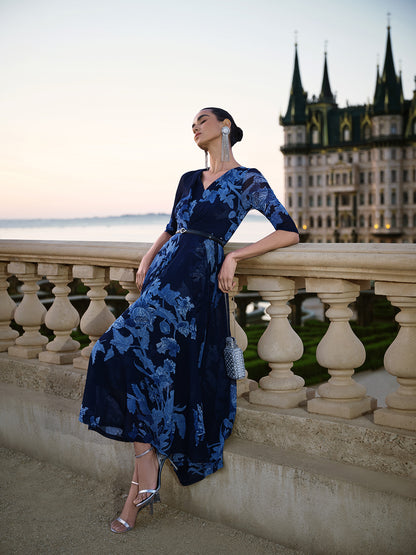 Floral Mesh V-Neck Maxi Dress (Belt Included)