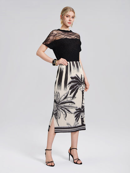 Pleated Relaxed Elastic Waist Wrinkled Midi Skirt