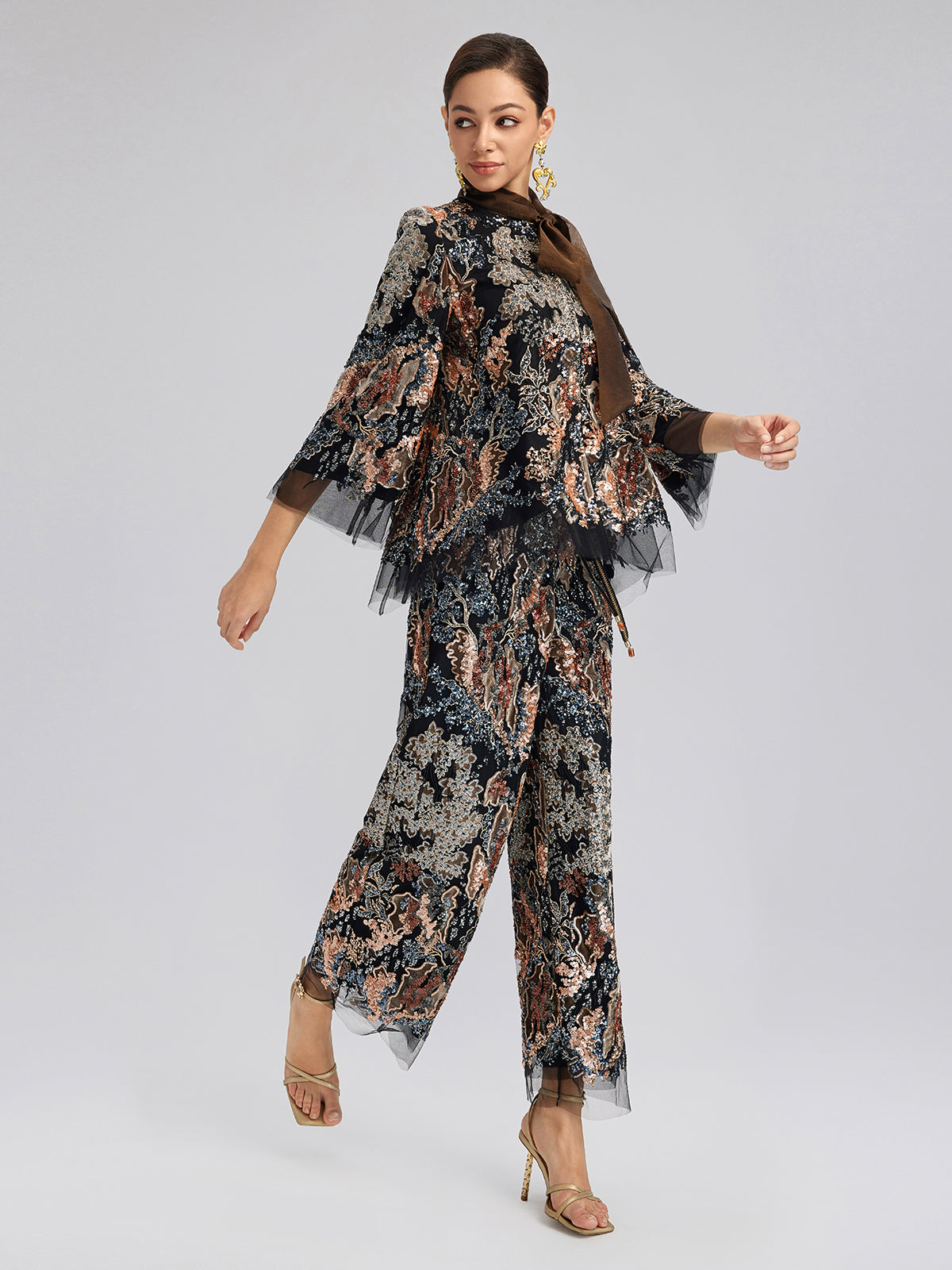 Sequin Vine Embroidered Tie-Neck Jacket