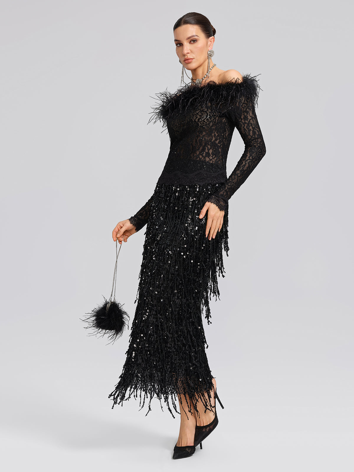 Sequin Lace Off-Shoulder Feather-Trim Top